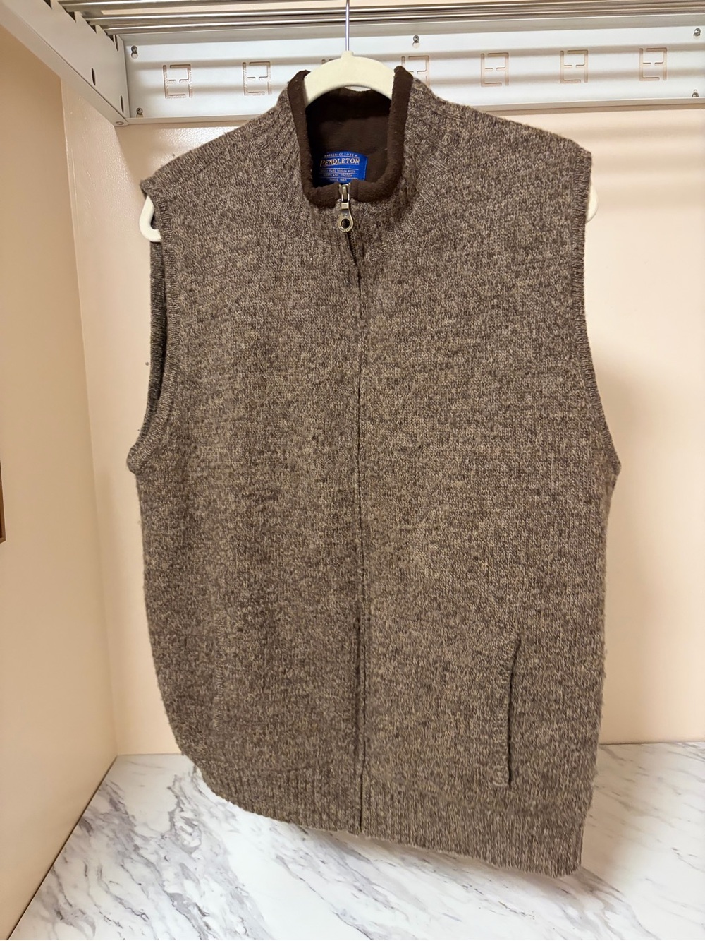 Pendleton Shetland Wool Fleece Lined Full Zip Vest Brown Mens L - Hand Mended